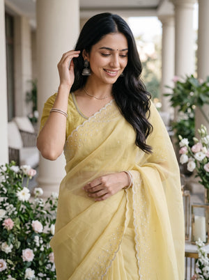 Chiffon Pastel Yellow Floral Sequin Embroidered Saree