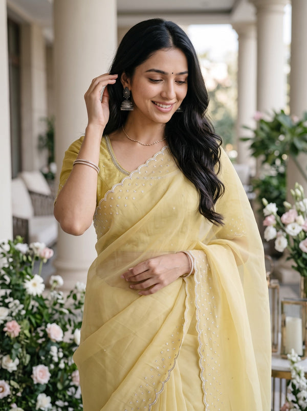 Chiffon Pastel Yellow Floral Sequin Embroidered Saree