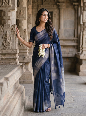 Matka Silk Navy Blue Zari Border Ikat Saree