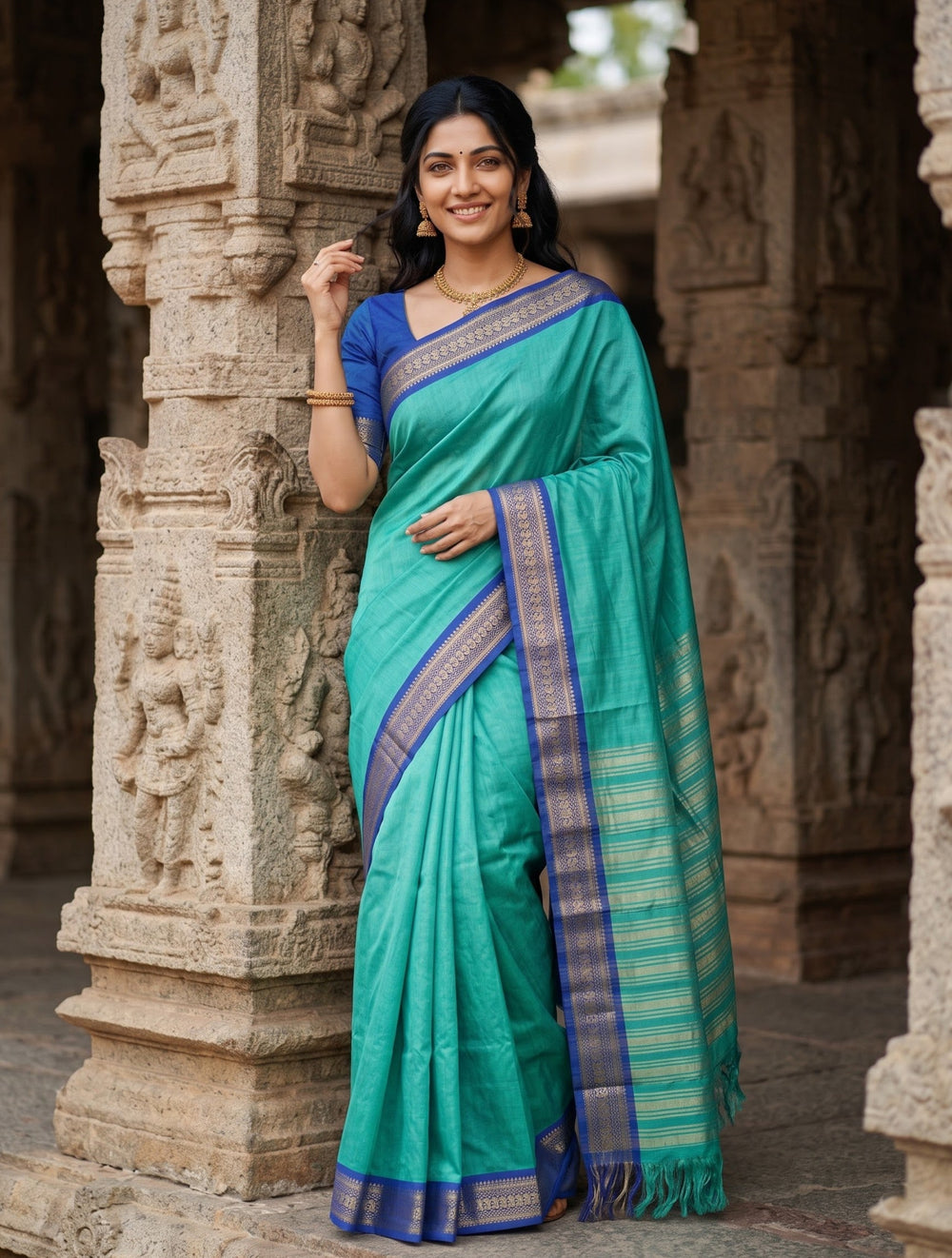 Semi Silk Sea Green Contrast Blue Zari Saree