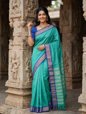 Semi Silk Sea Green Contrast Blue Zari Saree