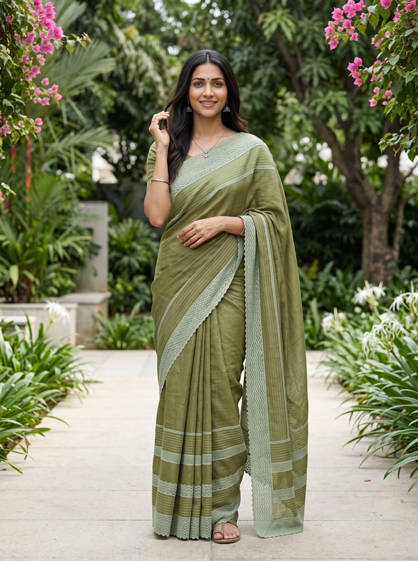 Cotton Linen Olive Green Saree with Lace Border and Striped Woven Detailing