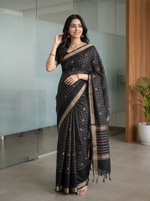 Chanderi Cotton Black Saree with Gold Zari Checks and Butta