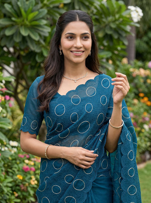 Organza Peacock Blue Zari Circle Motif Squiggle Embroidered Saree