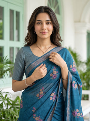 Chanderi Cotton Teal Blue  Saree with Floral Embroidery