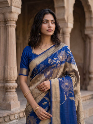 Banarasi Navy Golden Zari Floral Peony Border Saree with Tassels