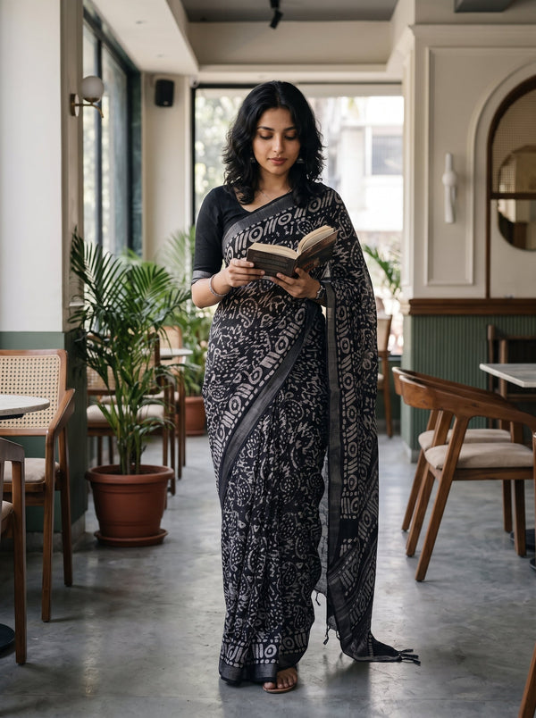 A woman wearing a black and gray patterned sari stands in a cafe reading a book. The sari features a black base with intricate gray and white floral motifs, paired with a solid black blouse.