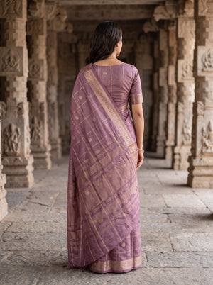 Semi Silk Mauve Checkered Paisley Saree