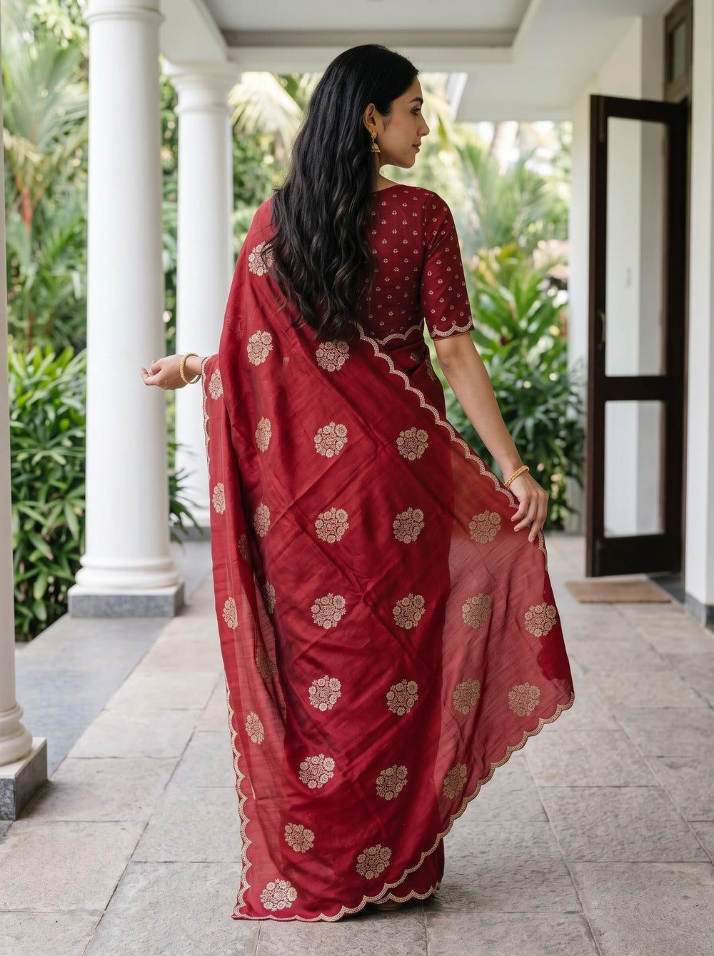 Vichitra Silk Maroon Golden Floral Scalloped Border Saree