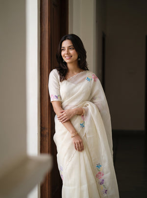 Organza Cream Plain Saree with Printed Rose Border and Scalloped Hem
