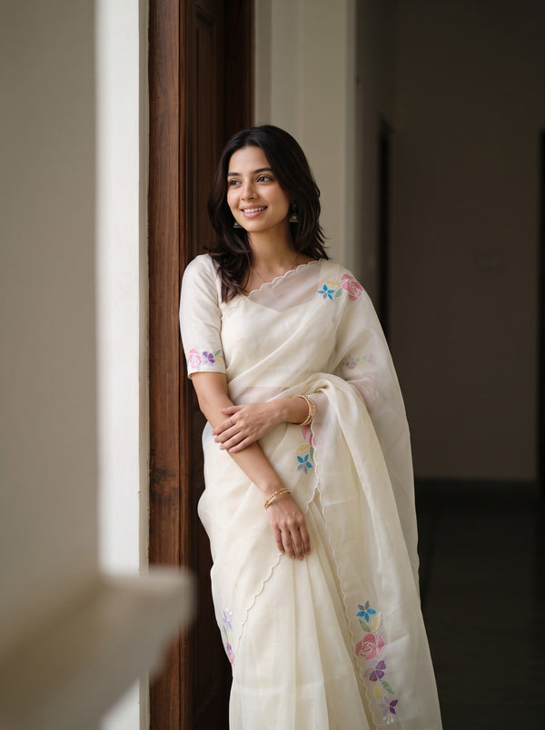Organza Cream Plain Saree with Printed Rose Border and Scalloped Hem