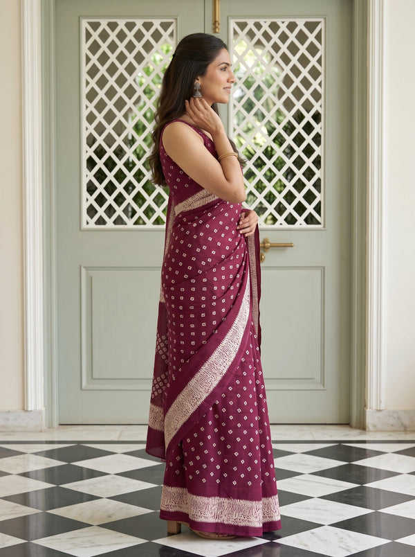Synthetic Wine Purple Bandhani Print Saree with Diagonal Swirl Border