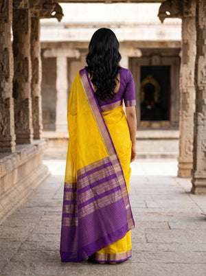 Semi Chanderi Yellow Saree with Contrast Purple Checked Pallu and Zari Border