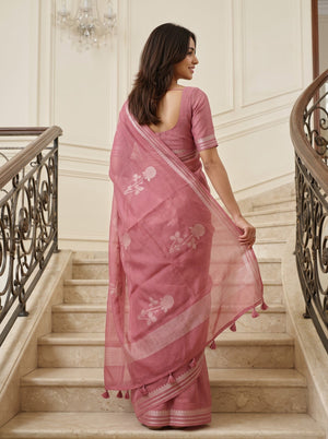 Organza Rose Pink Saree with Self-Tone Floral Branch Print