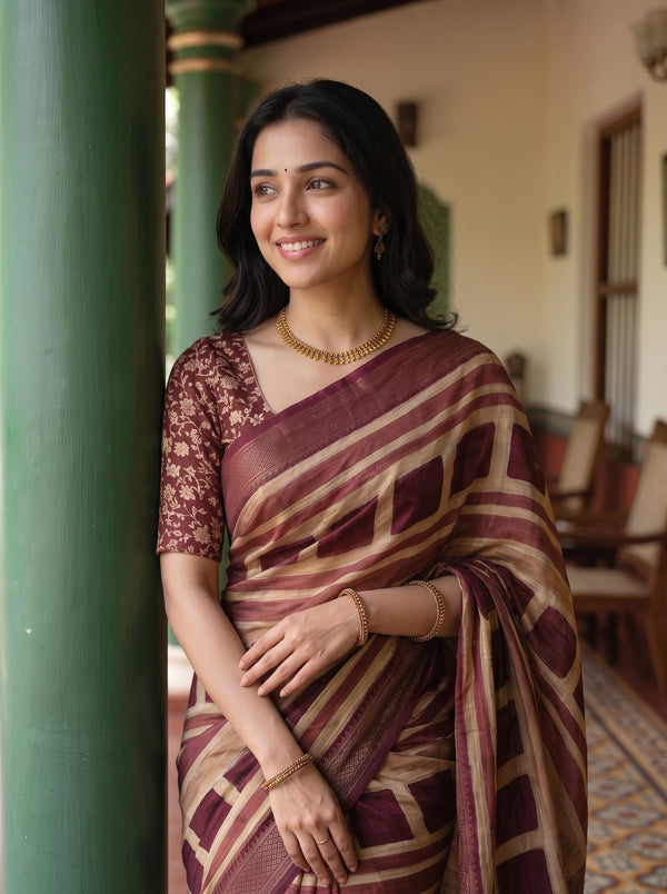 Pure Chanderi Maroon Tan Checkerboard Stripe Print Chevron Border Saree