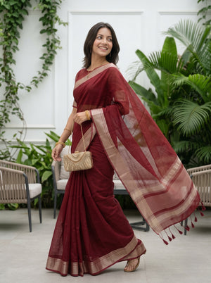 Organza Maroon Copper Striped Border Saree with Tassels
