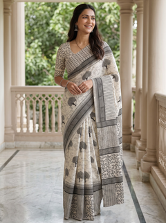 Cotton White Saree with Black Bird and Floral Printed Pallu