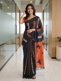 Cotton Black Saree with Orange Butterfly Print Pallu