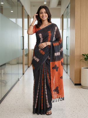 Cotton Black Saree with Orange Butterfly Print Pallu