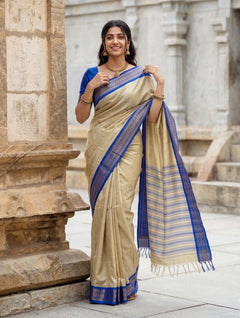 Semi Silk Beige Saree Striped Body with Blue Brocade Border