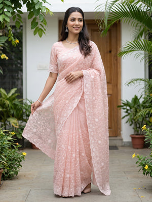 Organza Peach Pink Allover Floral Vine Lace Embroidered Saree