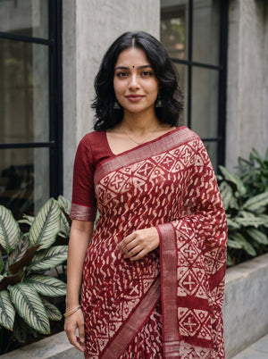 Linen Red White Batik Print Saree with Diamond Border