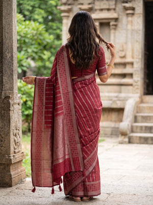 Matka Silk Red Golden Pinstripe Circular Floral Medallion Pallu