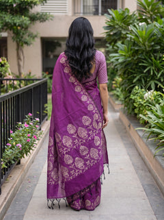 Cotton Silk Purple Saree with Golden Zari Floral Weave Pallu
