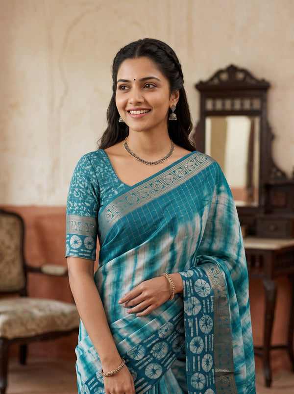 Chanderi Cotton Silk Teal White Shibori Batik Border Saree with Zari Trim