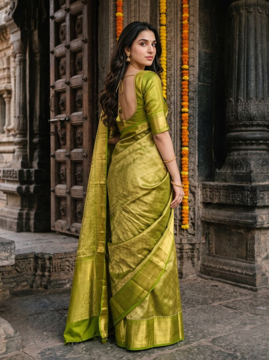Brocade Silk Olive Green Saree with Golden Zari Brocade Pallu and Wide Border