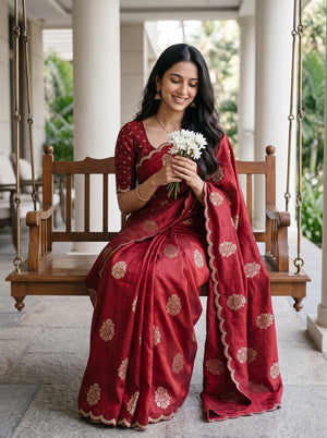 Vichitra Silk Maroon Golden Floral Scalloped Border Saree