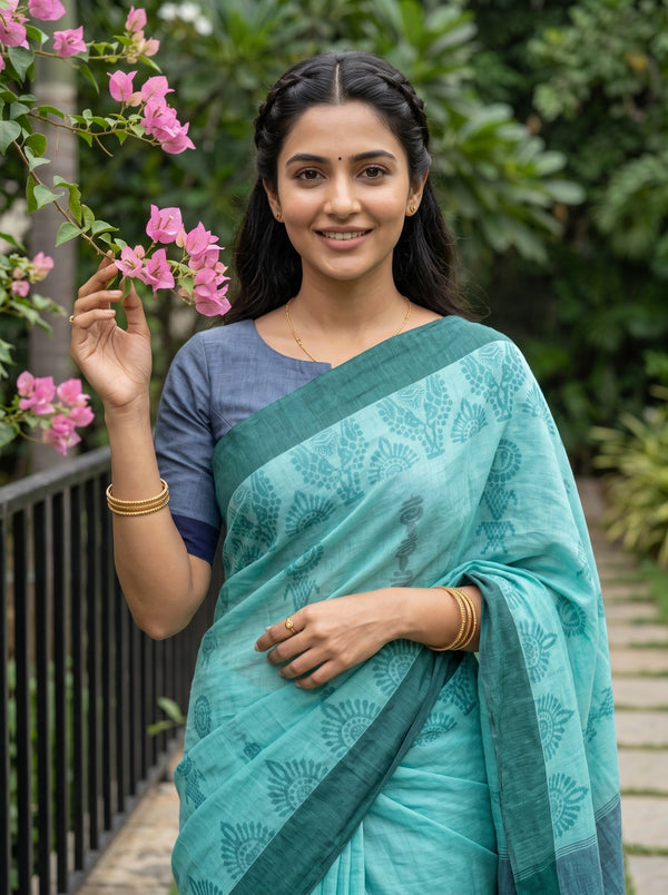 Cotton Mint Turquoise Saree with Lavender Medallion Print Pallu