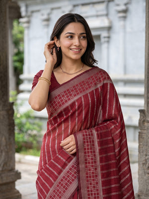 Matka Silk Red Golden Pinstripe Circular Floral Medallion Pallu