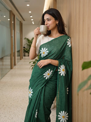 Cotton Bottle Green Saree with White Daisy Flower Print
