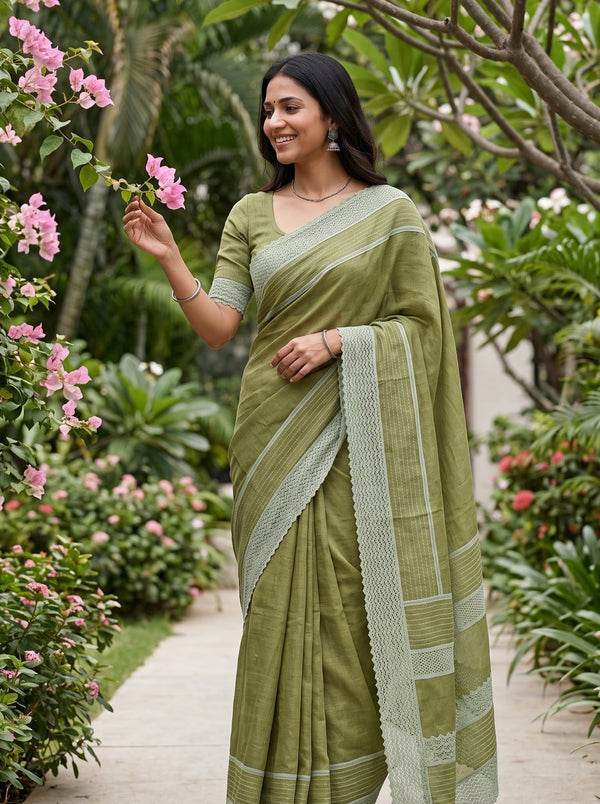 Cotton Linen Olive Green Saree with Lace Border and Striped Woven Detailing