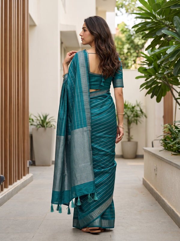 Matka Silk Peacock Green Silver Striped Dense Zari Motif