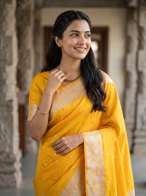 Banarasi Silk Golden Yellow Silver Zari Flower Vase Motif Saree with Tassels