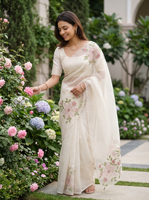 Organza Off-White Beaded Lily Floral Embroidered Saree