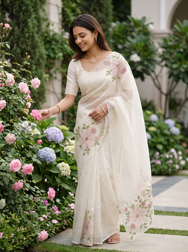 Organza Off-White Beaded Lily Floral Embroidered Saree