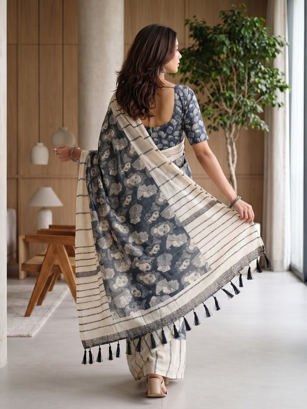Cotton Cream and Blue Saree Pinstripe Body with Kathakali Dancer Print Pallu