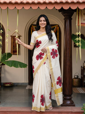 Cotton Cream Red Hibiscus Print Onam Special Kerala Saree