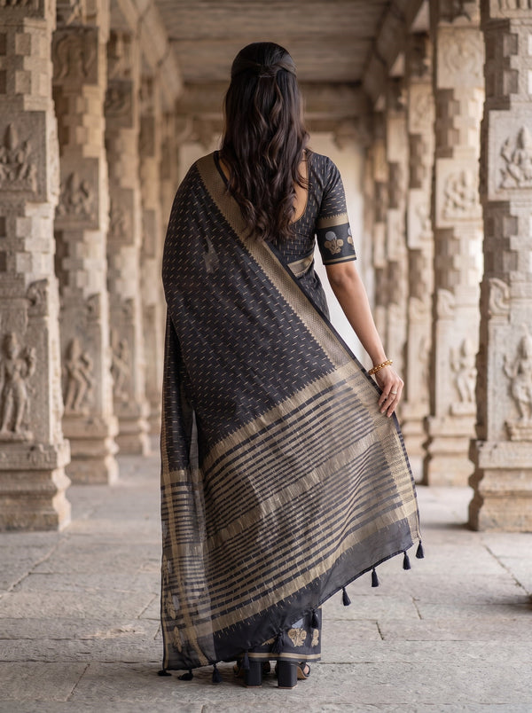 Semi Silk Black Golden Silver Floral Bouquet Border Saree with Tassels