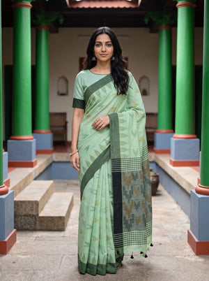 Cotton Mint Green Grey Ikat Butta Checkered Saree
