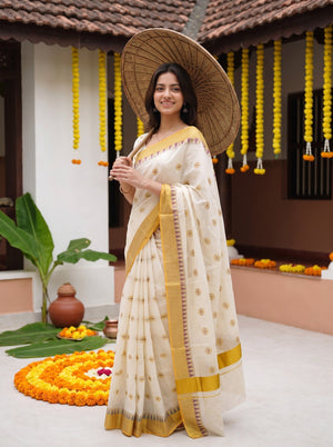 Cotton Off-White Gold Coin Butta Onam Special Kerala Saree