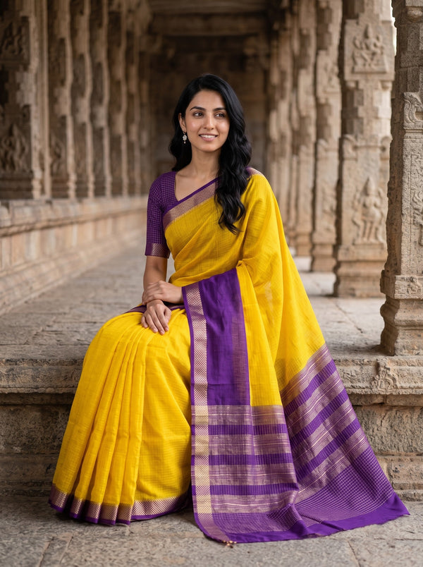 Semi Chanderi Yellow Saree with Contrast Purple Checked Pallu and Zari Border