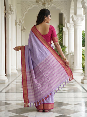 Semi Silk Lavender Golden Pinstripe Saree with Pink Zari Border