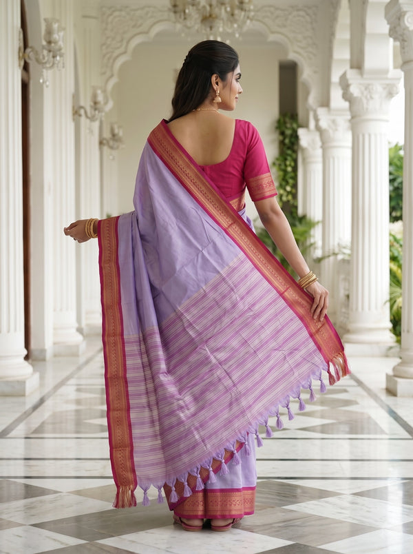 Semi Silk Lavender Golden Pinstripe Saree with Pink Zari Border