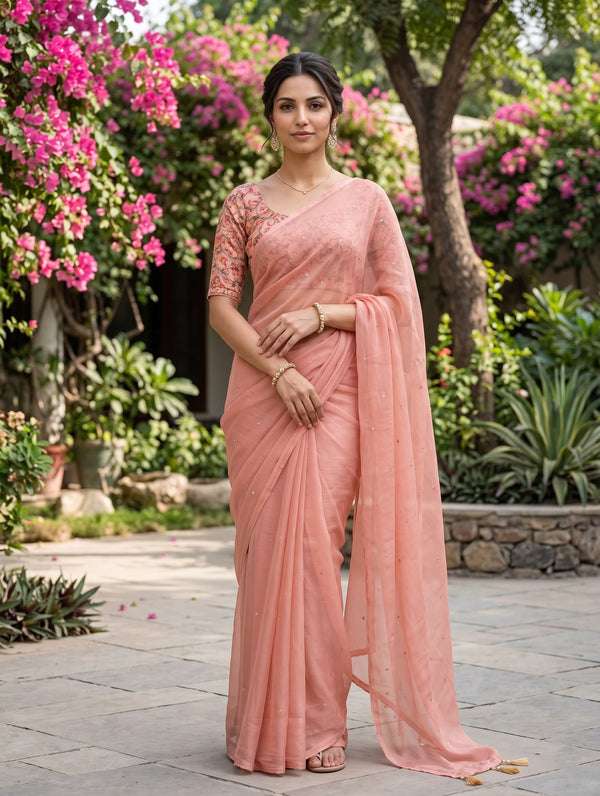 Chiffon Peach Tassel Sequin Embellished Saree