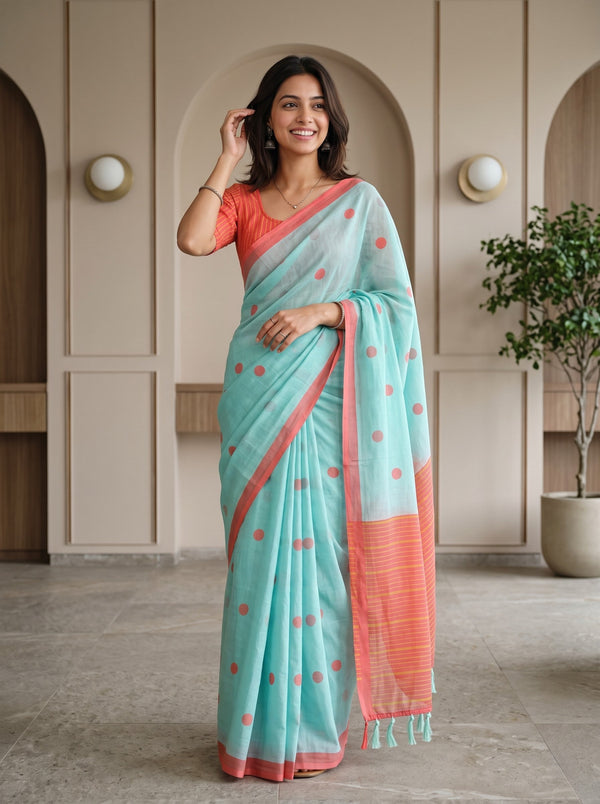 Cotton Mint Green Polka Dot Print Saree, Coral Pinstripe Pallu
