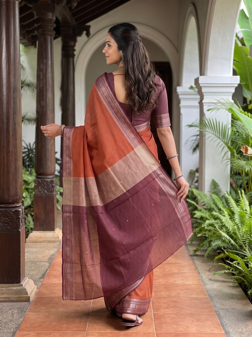Semi Chanderi Silk Rust Orange Checkered Gold Zari Maroon Border Saree